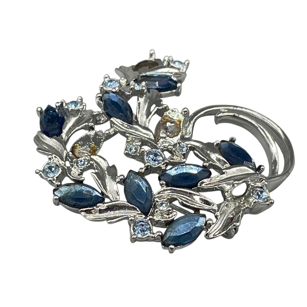 Sarah Coventry Vintage Silver Tone Blue Rhinestone Floral Leaf Spray Brooch Flaw